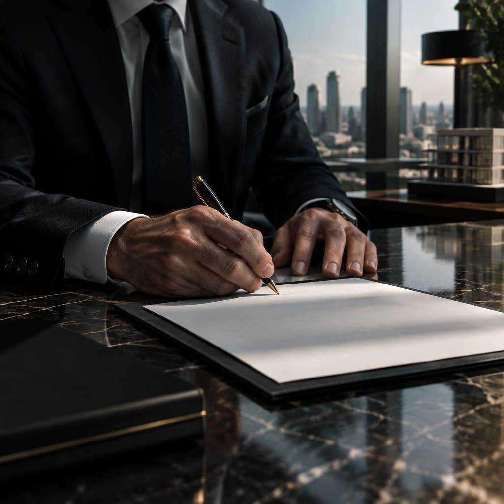A private real estate transaction being signed at a marble desk